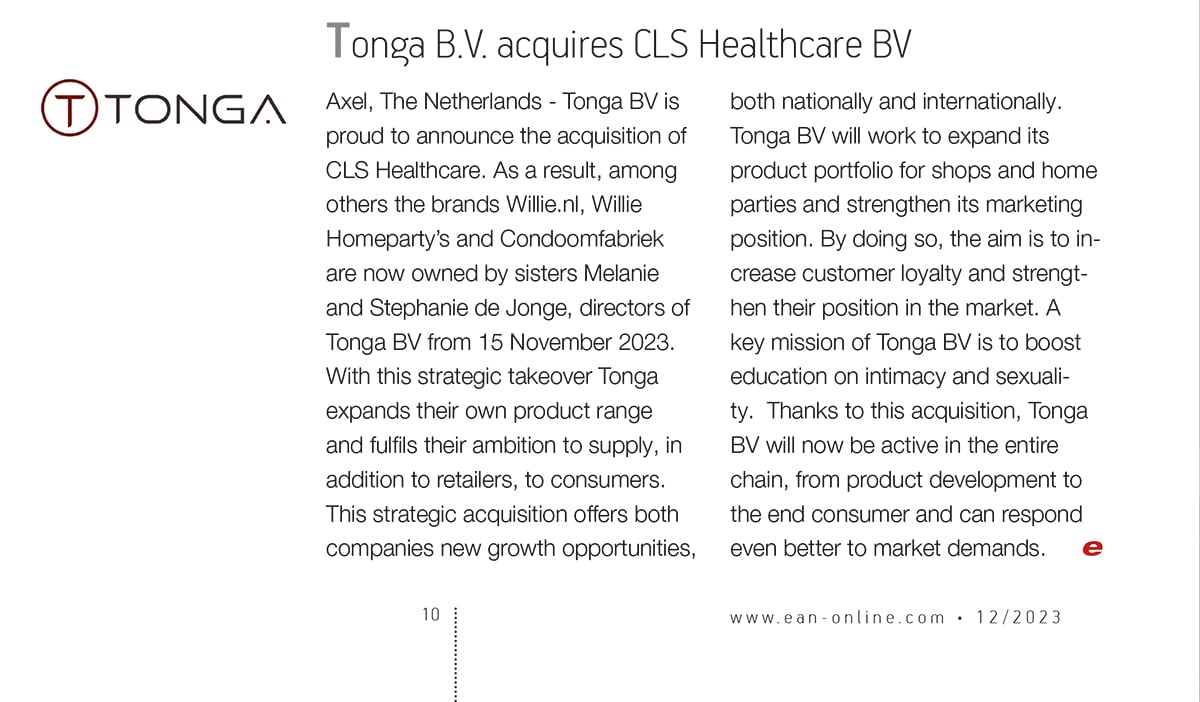 2023-12 EAN - Tonga BV acquires CLS Healthcare BV